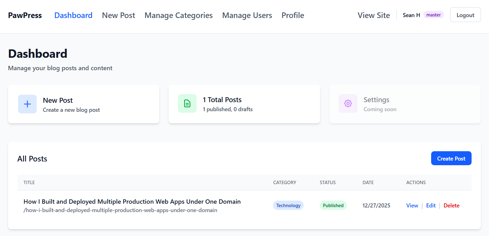 PawPress CMS Dashboard